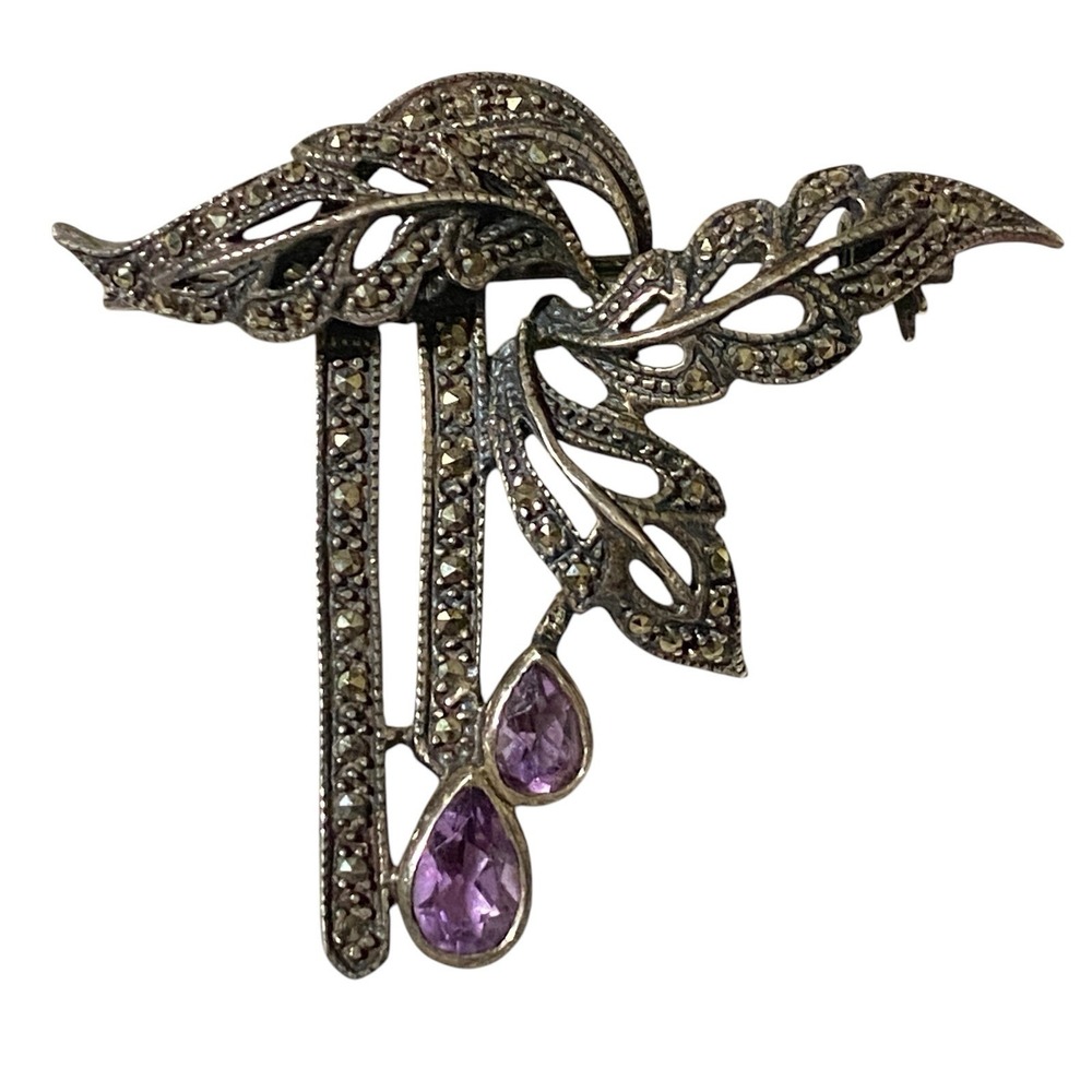Vintage Sterling Silver Marcasite Teardrop Pin Brooch Leaves Design Old Money